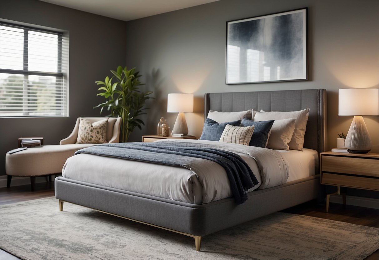 A modern bedroom with a sleek bed, matching nightstands, and a stylish dresser. The room is adorned with contemporary decor and large windows, allowing natural light to fill the space