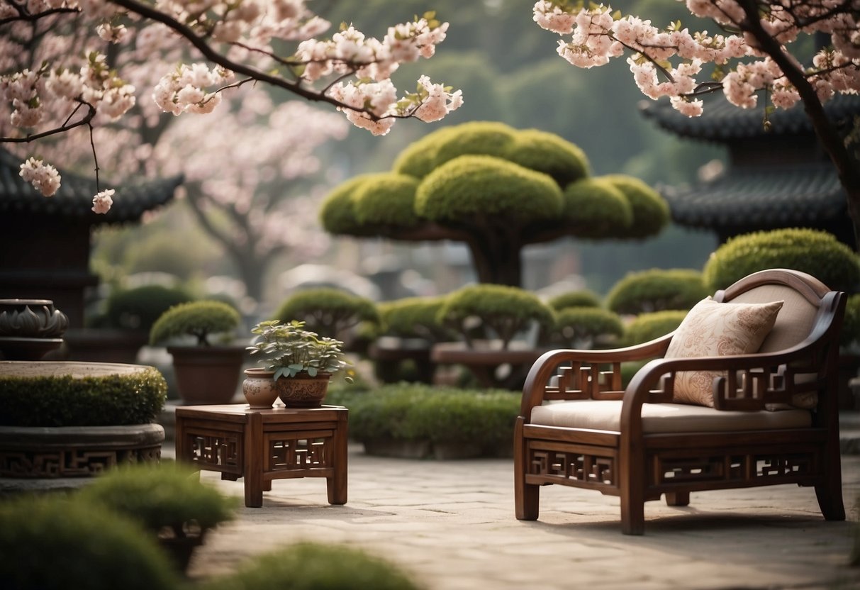 A traditional Chinese armchair sits in a serene garden, surrounded by blooming flowers and delicate bonsai trees. The intricate carvings and rich wood tones of the furniture exude elegance and craftsmanship