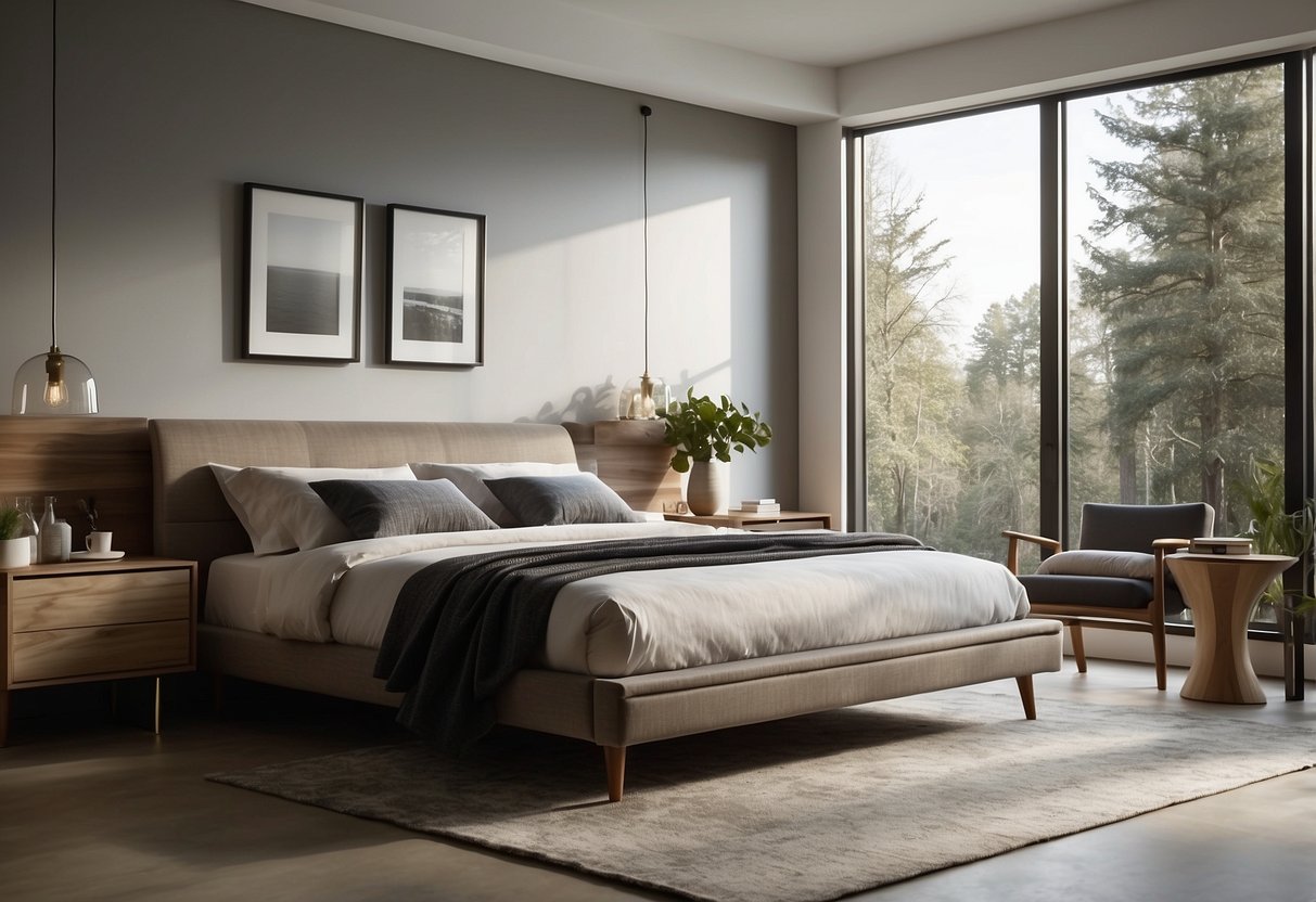 A spacious bedroom with a modern bed, matching nightstands, and a sleek dresser. The room is well-lit with natural sunlight streaming in from large windows