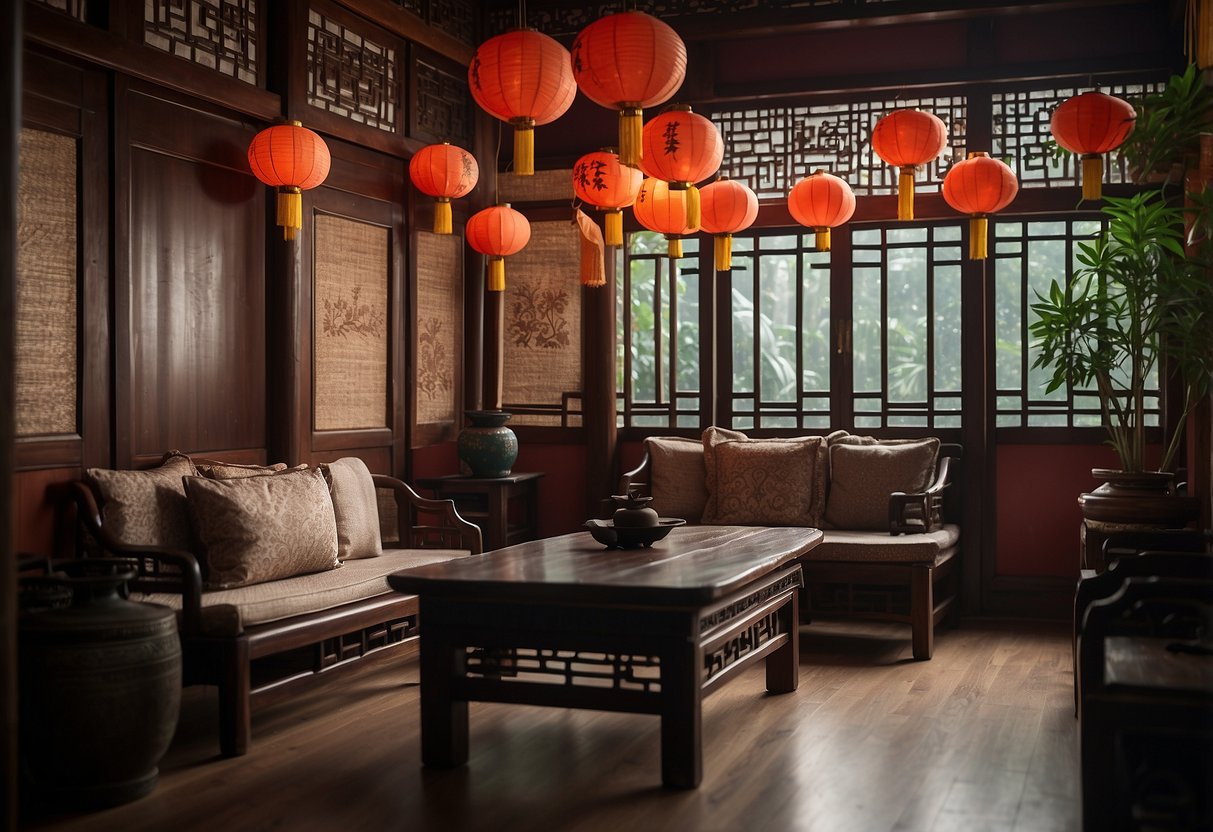 A traditional Chinese room with a low wooden table, paper lanterns, and intricately carved chairs