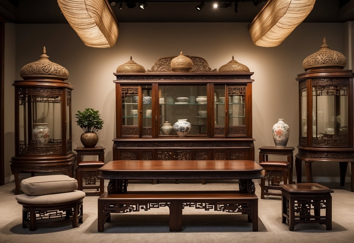 A variety of Chinese furniture styles displayed in a spacious, well-lit showroom with intricate carvings and rich wood tones