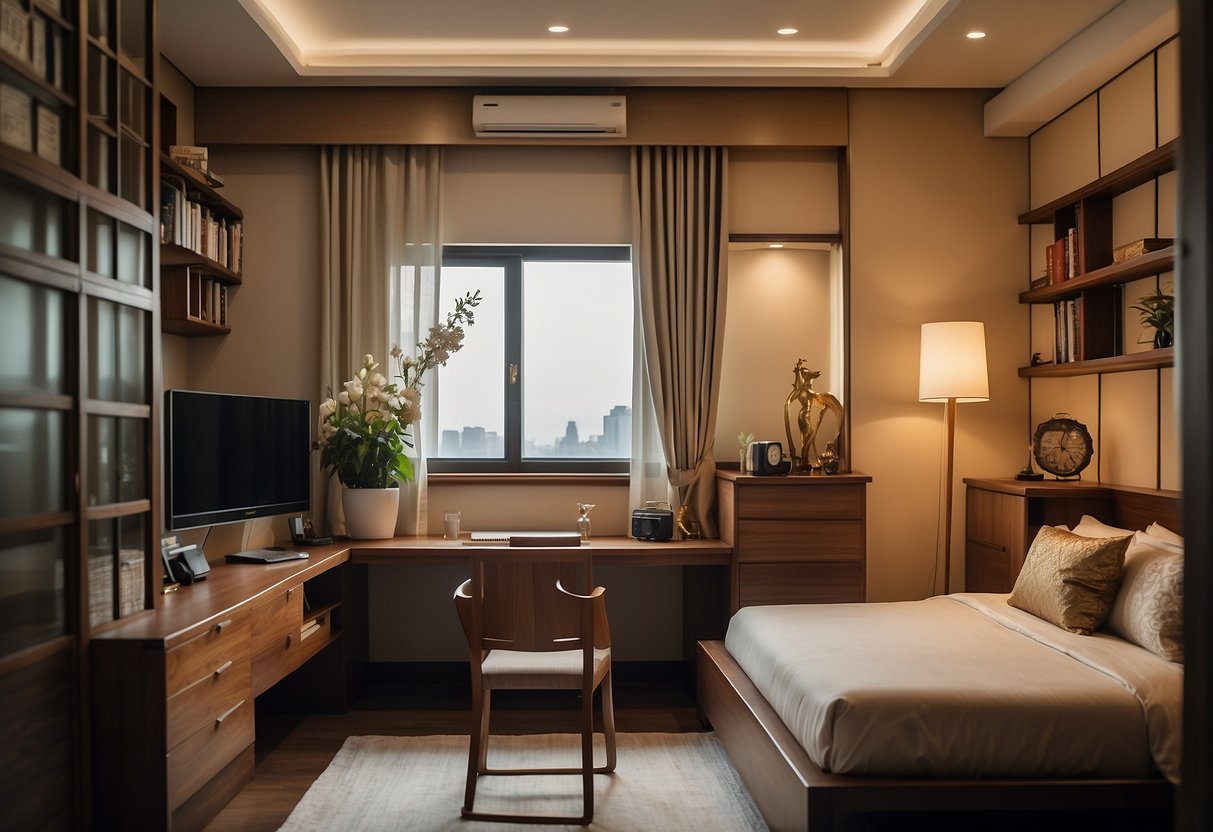 A room with a table, chair, bed, and cabinet. Each item labeled with its Chinese name
