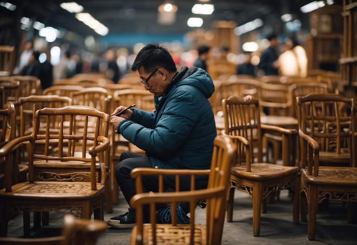 A person personalizes a wooden chair with paint and patterns in a bustling Chinese furniture market