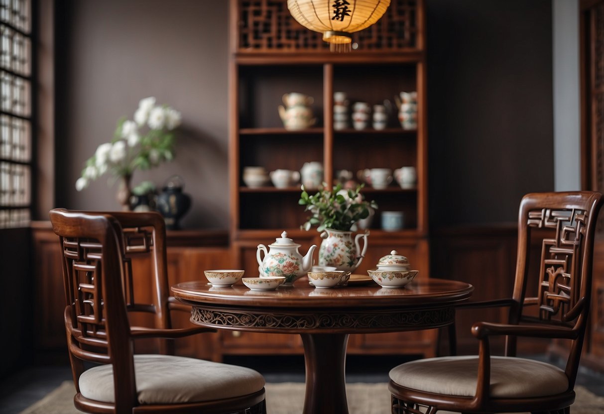 A room with Chinese furniture, including a wooden table and chairs, a decorative screen, and a traditional tea set placed on top of the table