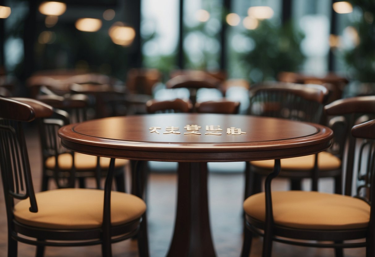 A table with "Frequently Asked Questions" written in Chinese characters, surrounded by chairs