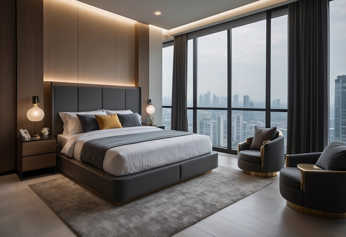A modern bedroom with sleek furniture sets in Singapore, including a bed, nightstands, and a wardrobe. Clean lines and minimalistic design