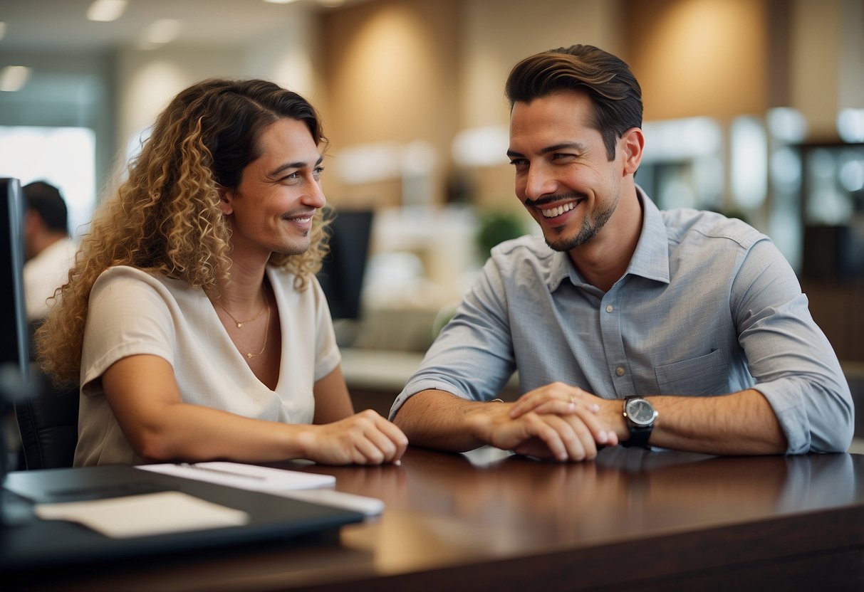 A customer service representative assists a client with a smile at the Four Star Furniture store