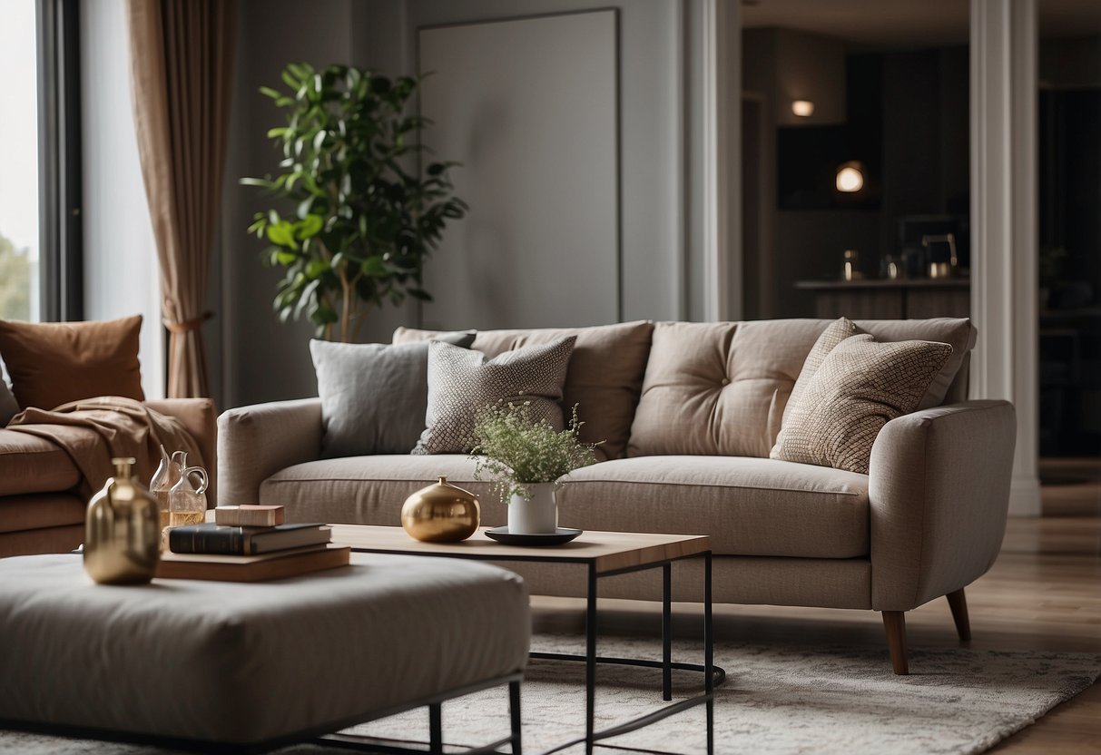 A cozy living room with elegant four star furniture, featuring a comfortable sofa, stylish coffee table, and decorative accents