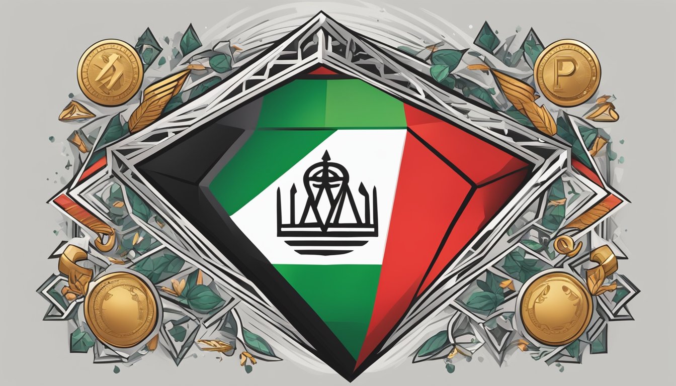 A black diamond with the word "Palestine" in bold letters, surrounded by symbols of support and solidarity