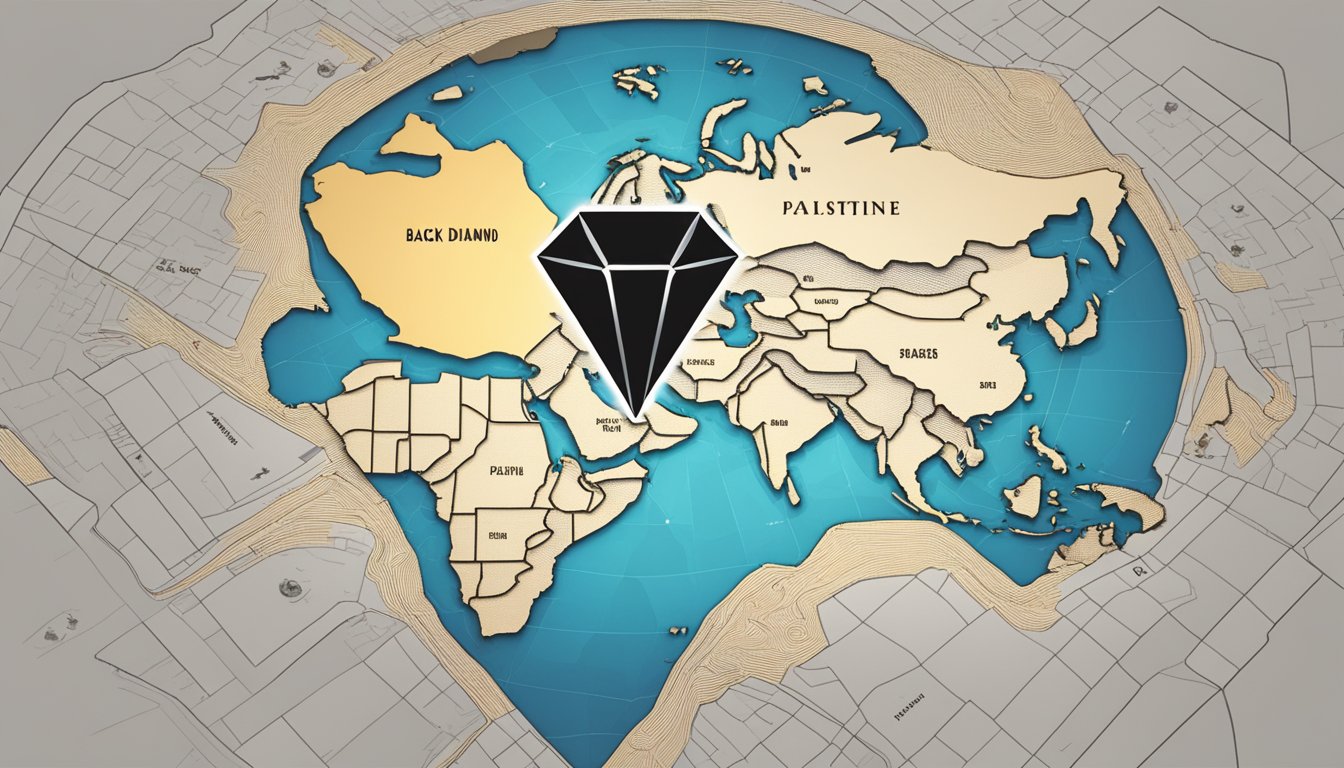 Black Diamond logo shining over a map of Palestine with a supportive message