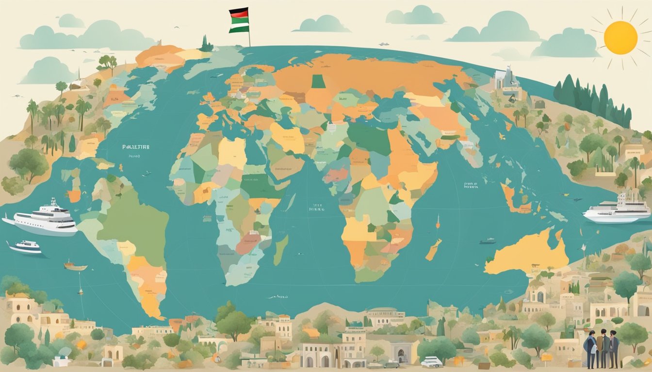 A world map with a spotlight on Palestine, surrounded by various support and aid symbols