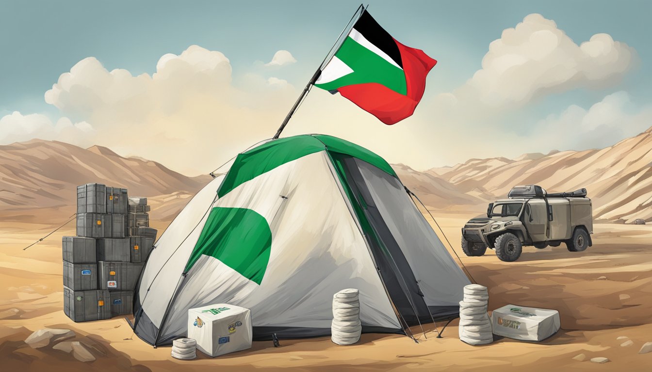 Petzl's logo displayed with Palestinian flag, alongside humanitarian aid supplies