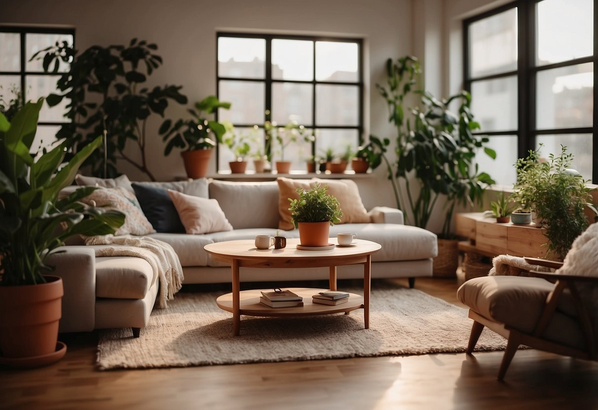 A cozy living room with a plush sofa, a coffee table, and a soft rug. The room is filled with warm light from a large window, and there are potted plants scattered around the space