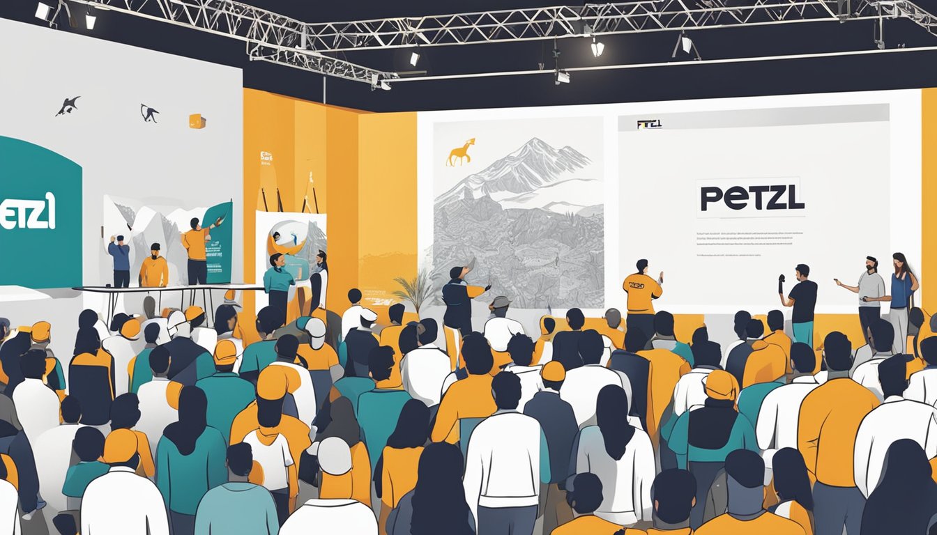 Petzl logo displayed at a community event in Palestine, with local consumers engaging in outdoor activities supported by the brand