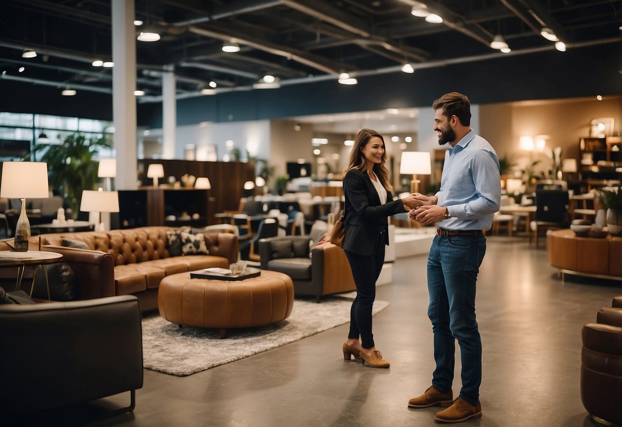 A customer browsing through furniture, engaging with products and staff