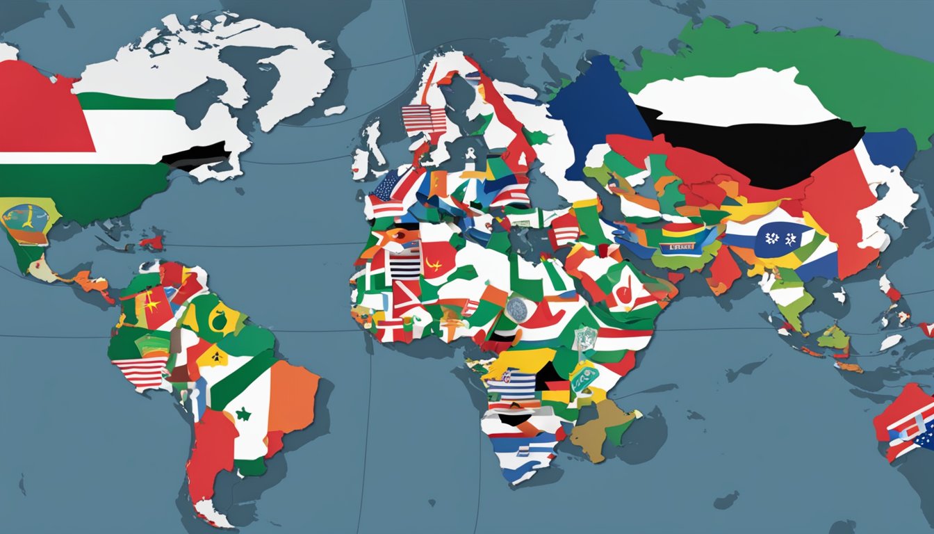 Petzl logo displayed on a world map, with a spotlight on Palestine. Flags of various countries in the background