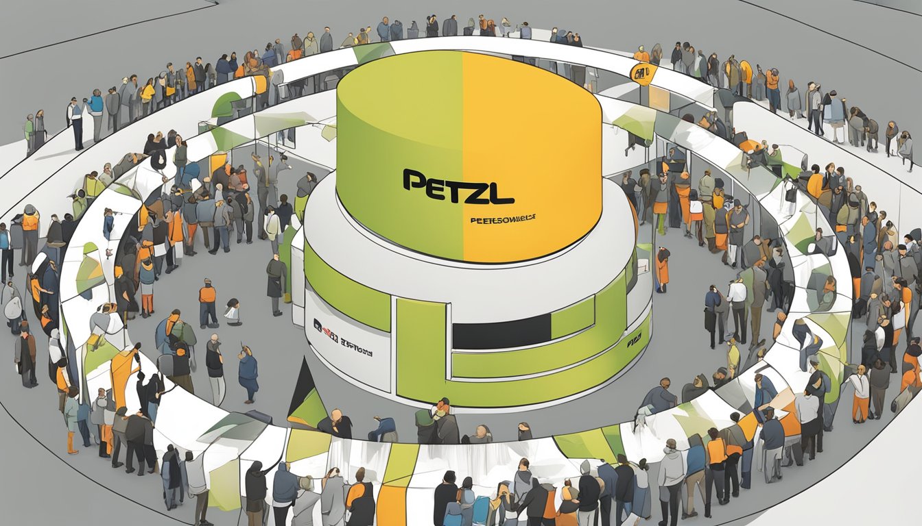 Petzl logo displayed at a trade fair, surrounded by activists holding signs and engaging in discussions about corporate responsibility towards Palestine