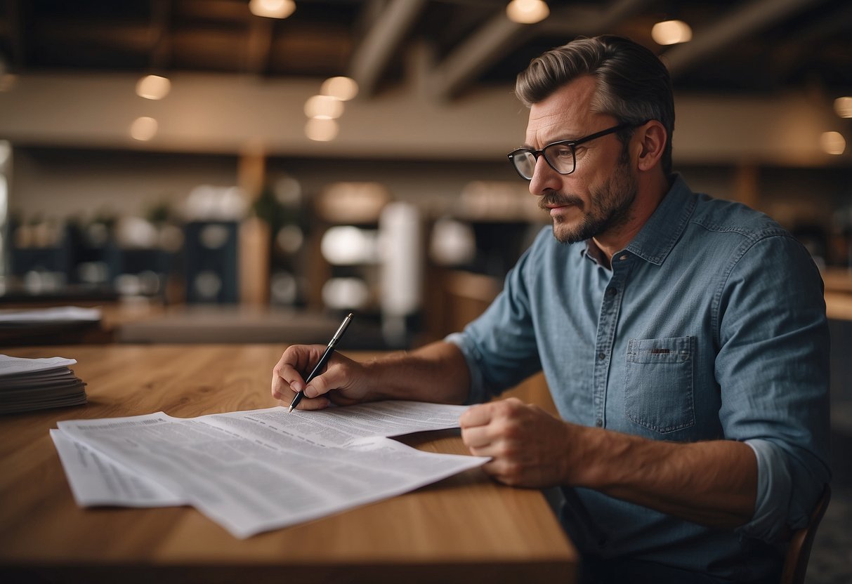 A customer browsing through a list of frequently asked questions about furniture, with a puzzled expression on their face