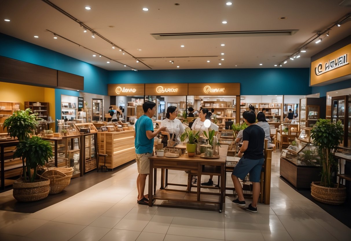 Customers browse furniture displays in a spacious Jurong East shop. Bright lighting and colorful decor create an inviting atmosphere
