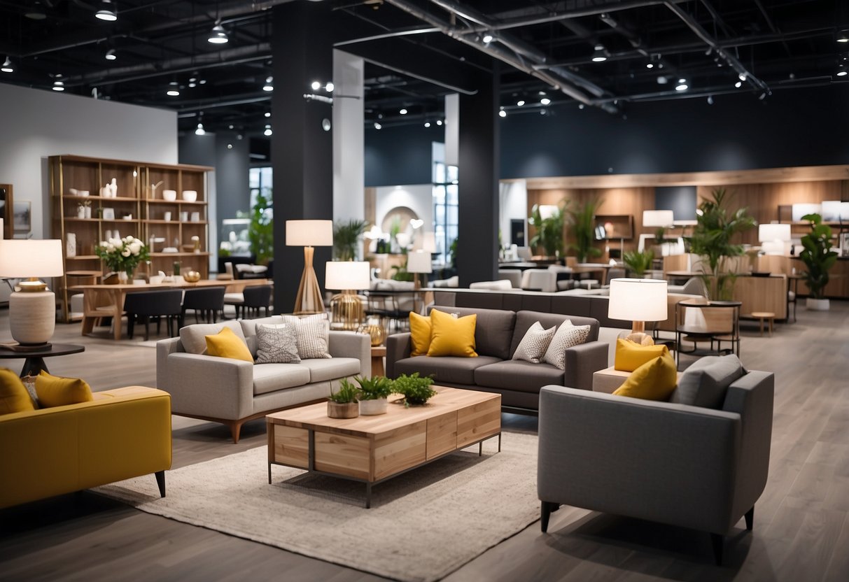 Customers browse modern furniture in a spacious, well-lit showroom. Friendly staff assist with inquiries and purchases, creating a welcoming atmosphere