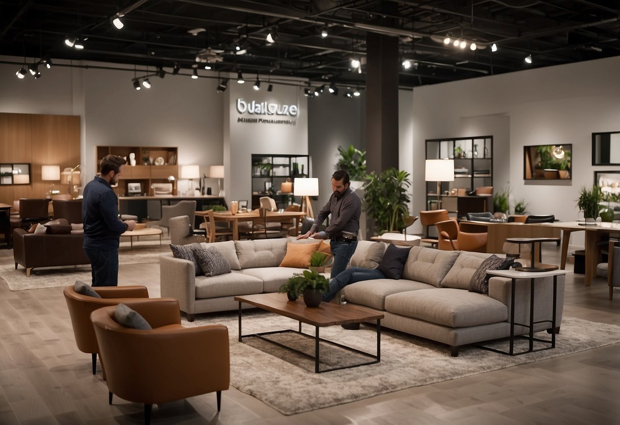 Customers browsing furniture in a spacious, well-lit showroom. Staff assisting with inquiries. Signs with FAQs displayed