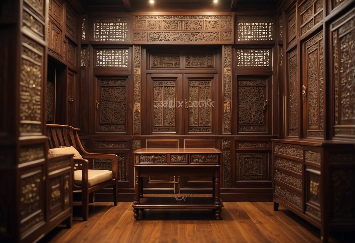 A room adorned with oriental rosewood furniture, intricately carved with traditional patterns and adorned with brass fittings