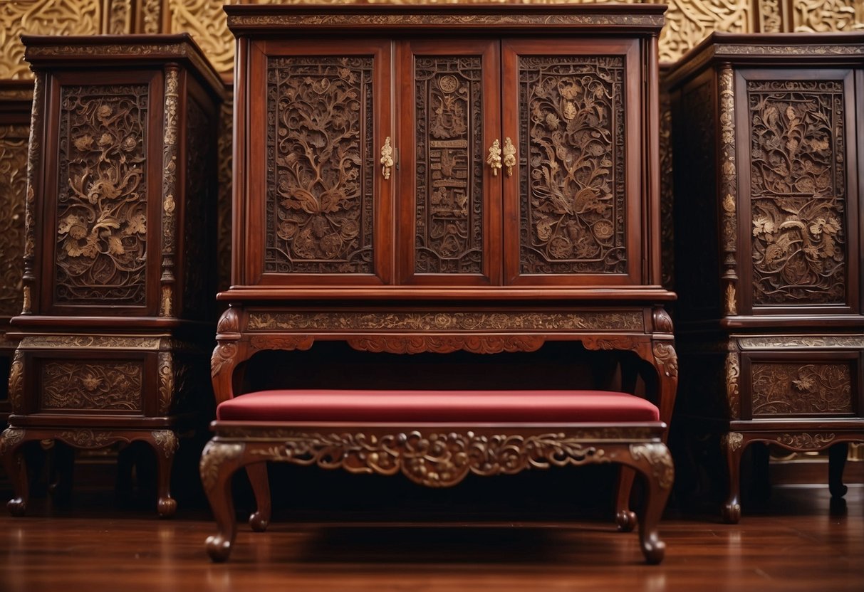 A room filled with ornate rosewood furniture, intricate carvings and rich red tones. Oriental patterns adorn the cabinets and tables, creating a sense of luxury and cultural heritage