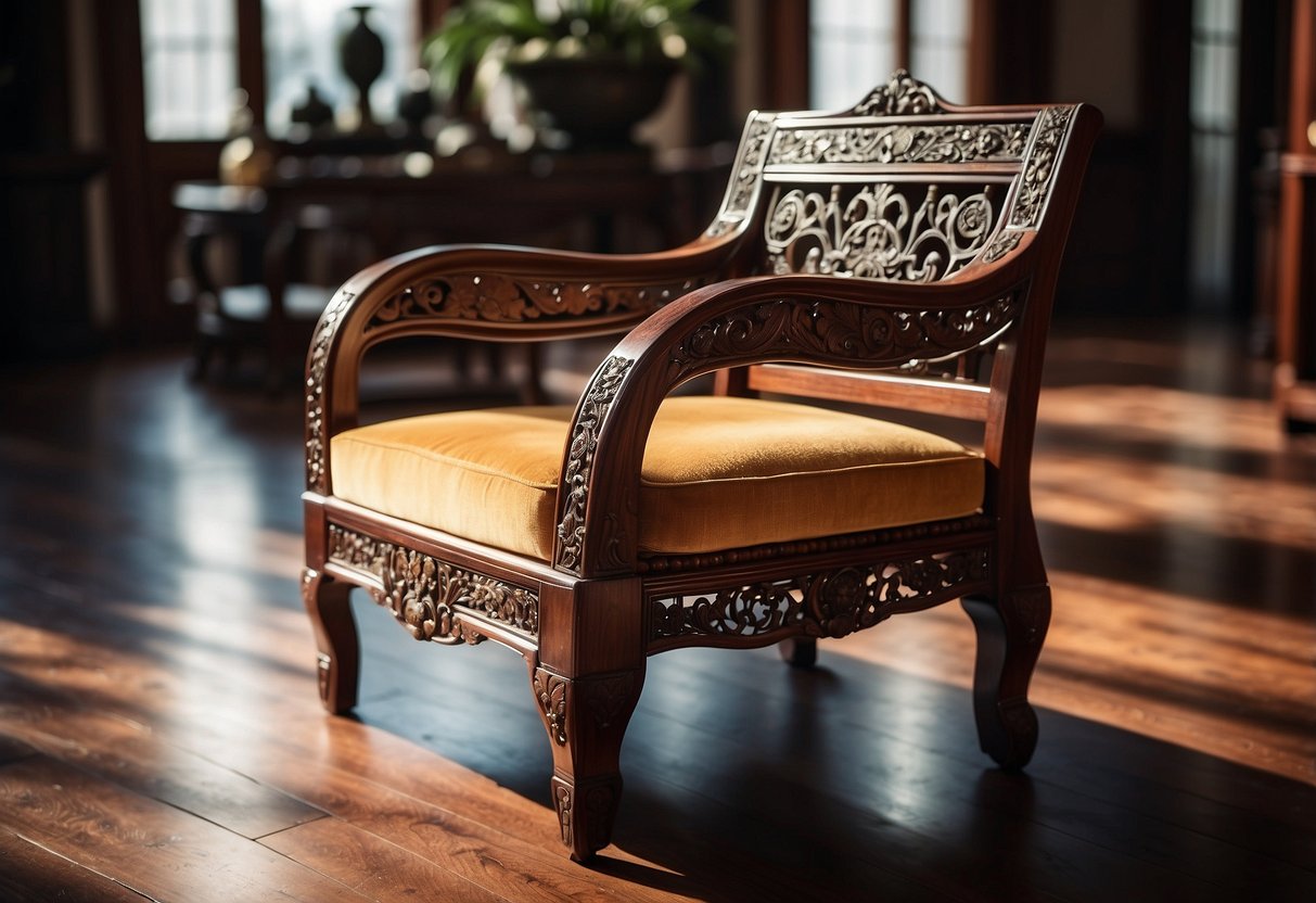 A handcrafted rosewood chair sits in a sunlit room, surrounded by other elegant oriental furniture. The rich, dark wood gleams with a polished finish, showcasing intricate carvings and delicate details