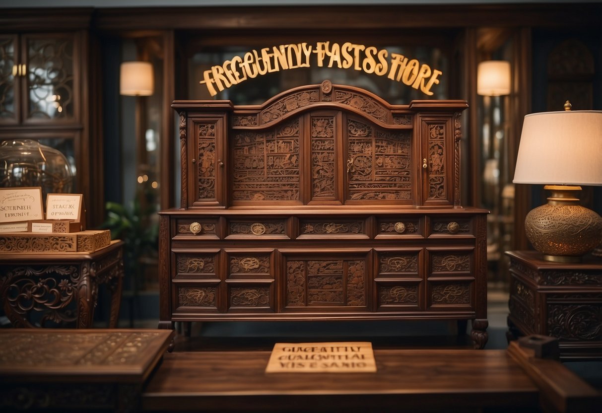 A display of intricately carved rosewood furniture with a sign reading "Frequently Asked Questions" in an oriental handicraft store