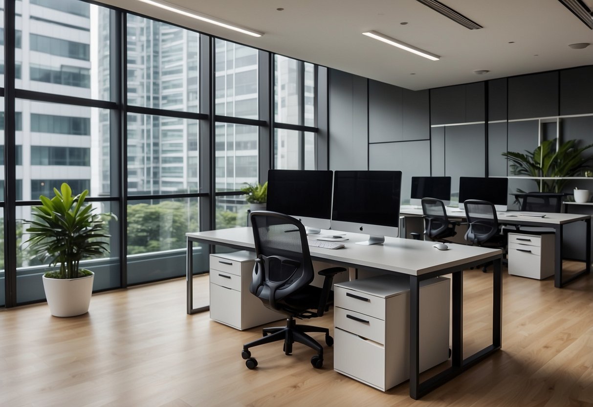 A sleek office space with modular desks and storage units in Singapore. Clean lines and modern design create a functional and stylish workspace