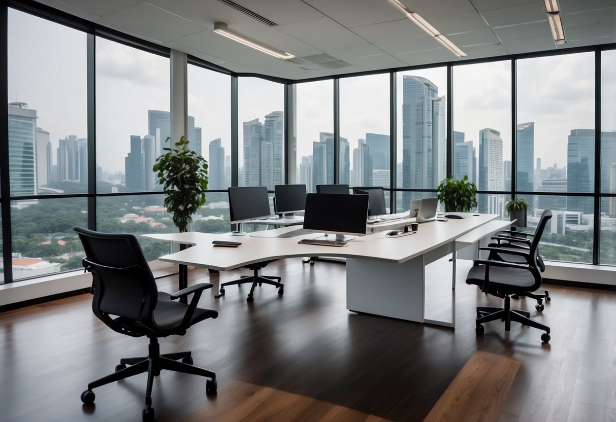 A modern office setting with sleek, modular system furniture in Singapore. Clean lines, ergonomic design, and efficient use of space