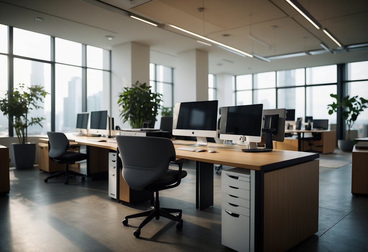 A person arranging modern office furniture in a sleek, organized workspace. Shelves, desks, and ergonomic chairs create a functional and stylish environment