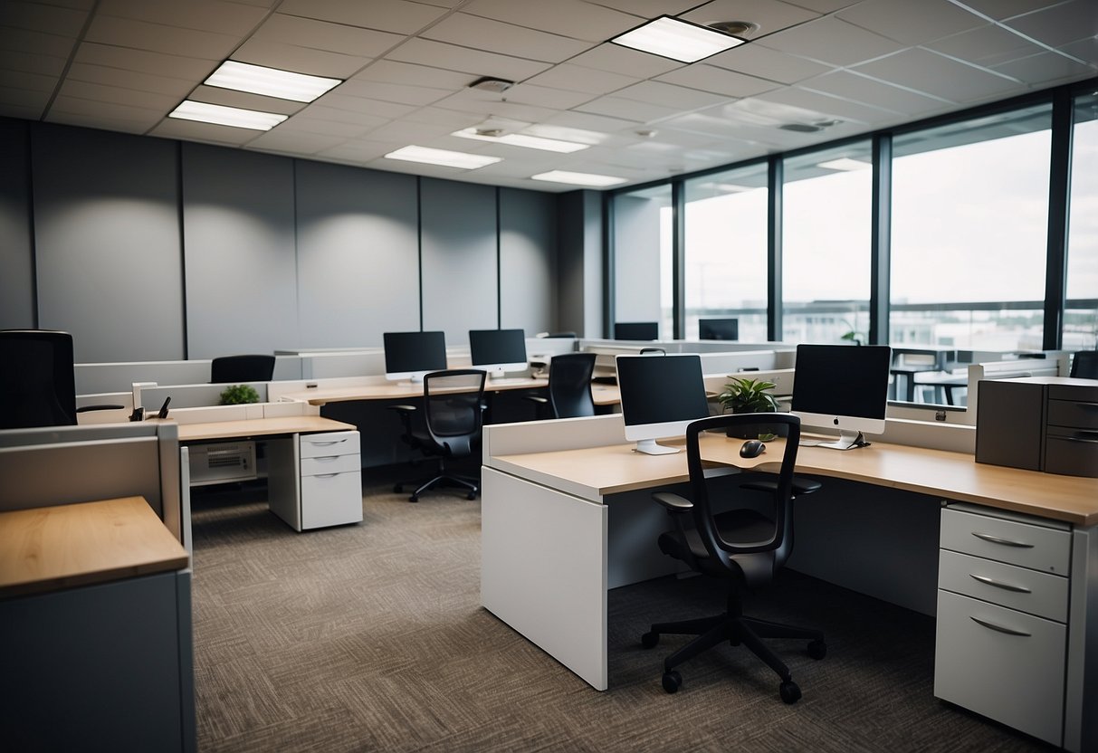 A modern office setting with sleek and functional furniture, including desks, chairs, and storage units. A computer or laptop on the desk, with a well-organized and tidy workspace