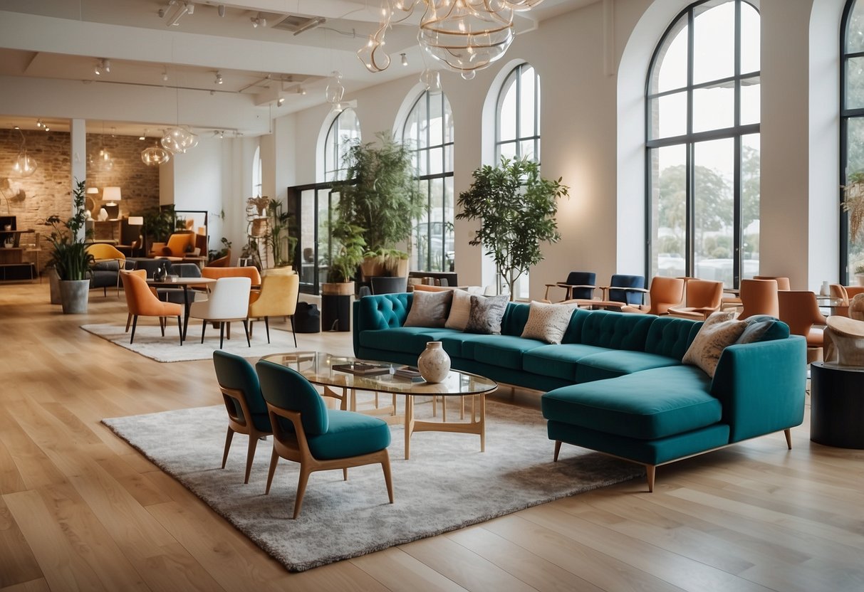 A spacious showroom with modern and classic furniture arranged in stylish displays. Natural light floods the space, illuminating the vibrant colors and textures of the pieces