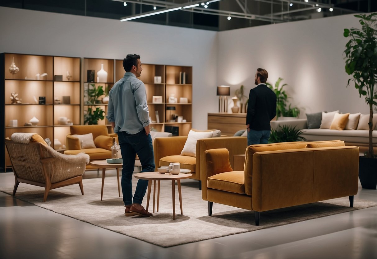 Customers browsing through stylish furniture displays in the bright and spacious Brighton Furniture Display Centre