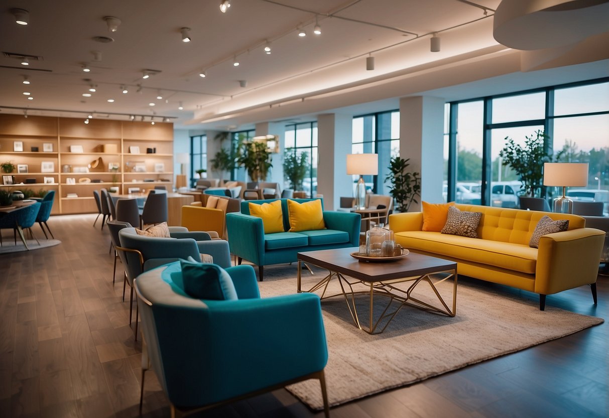 A spacious, well-lit showroom with modern furniture displays and comfortable seating areas. Bright colors and stylish decor create an inviting atmosphere for customers