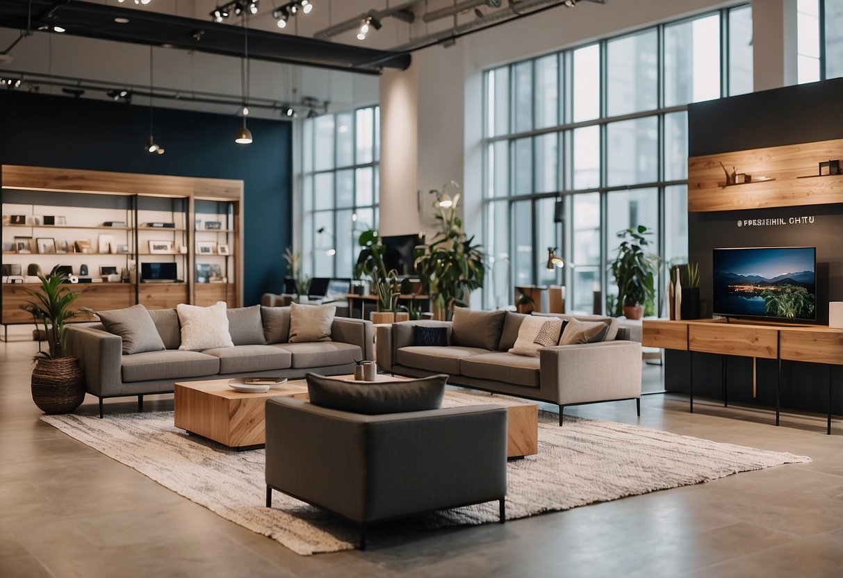 A spacious showroom with modern furniture displays, well-lit and organized. Customers browsing and staff assisting. Bright signage and clear product information
