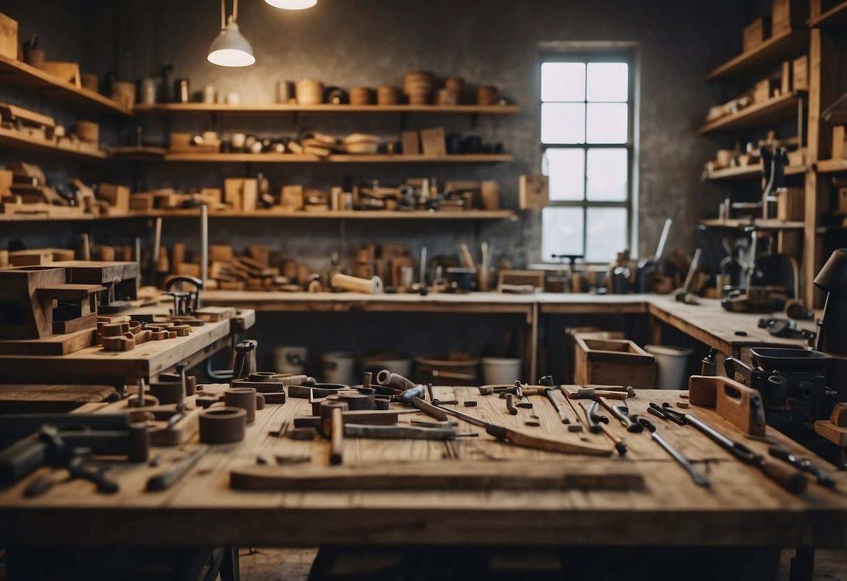 A workshop filled with tools and raw materials, where skilled artisans meticulously shape and assemble unique pieces of handcrafted furniture