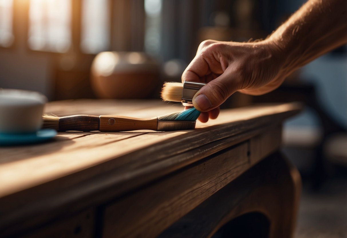 A hand holds a paintbrush, repainting wood furniture with smooth strokes. The room is well-lit, casting a warm glow on the freshly painted surface