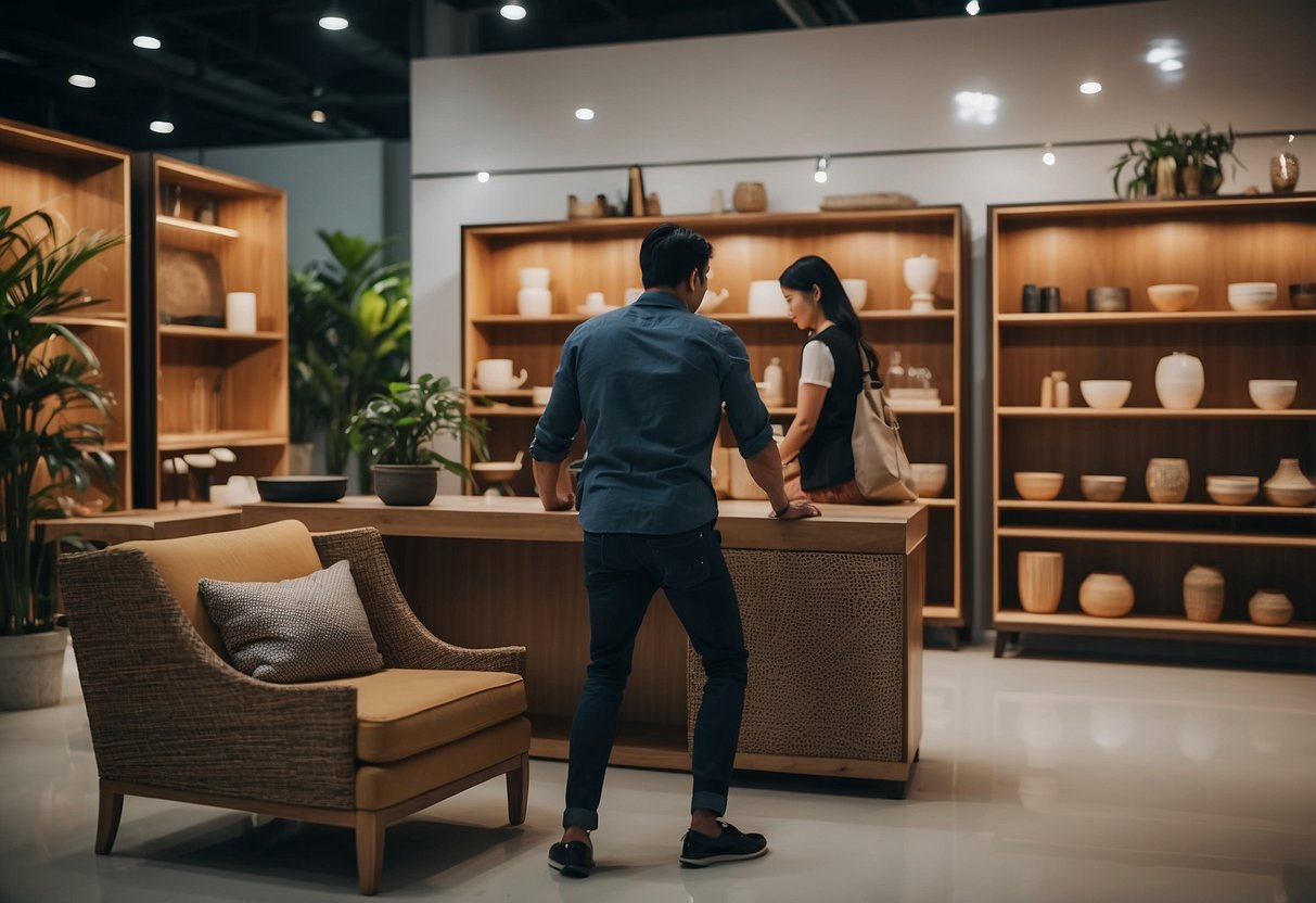 A customer browsing through a showroom of custom-made furniture in Singapore, with various pieces displayed and a salesperson ready to assist