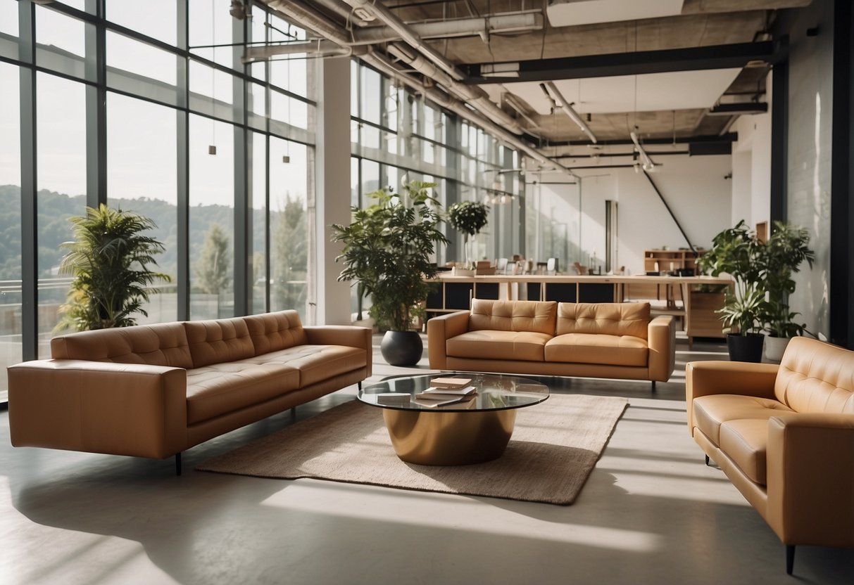 A spacious showroom with modern tan furniture arranged in various settings, bathed in natural light from large windows