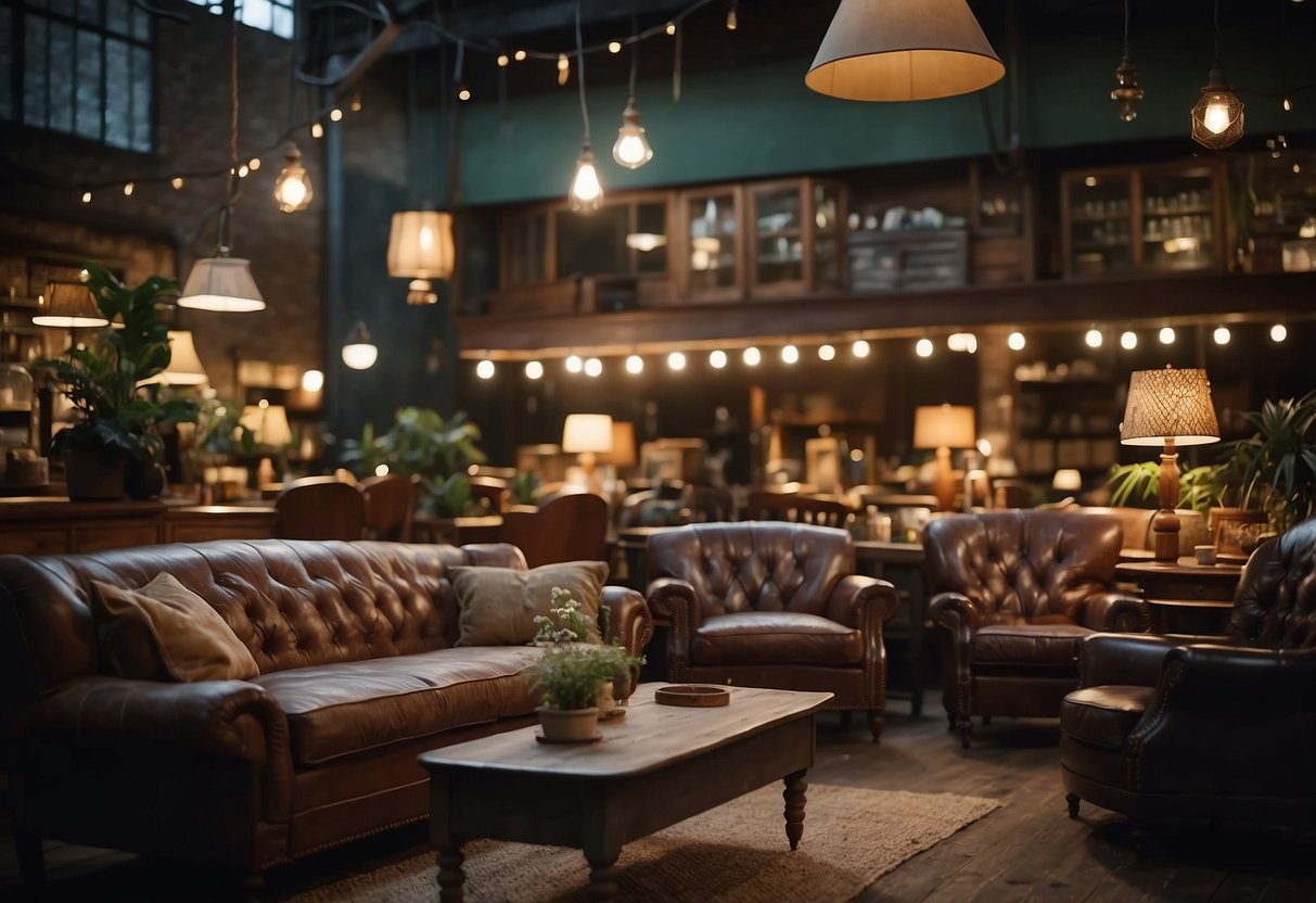 Various used furniture pieces fill the dimly lit store. A worn leather sofa, a vintage wooden table, and mismatched chairs create a cozy, eclectic atmosphere