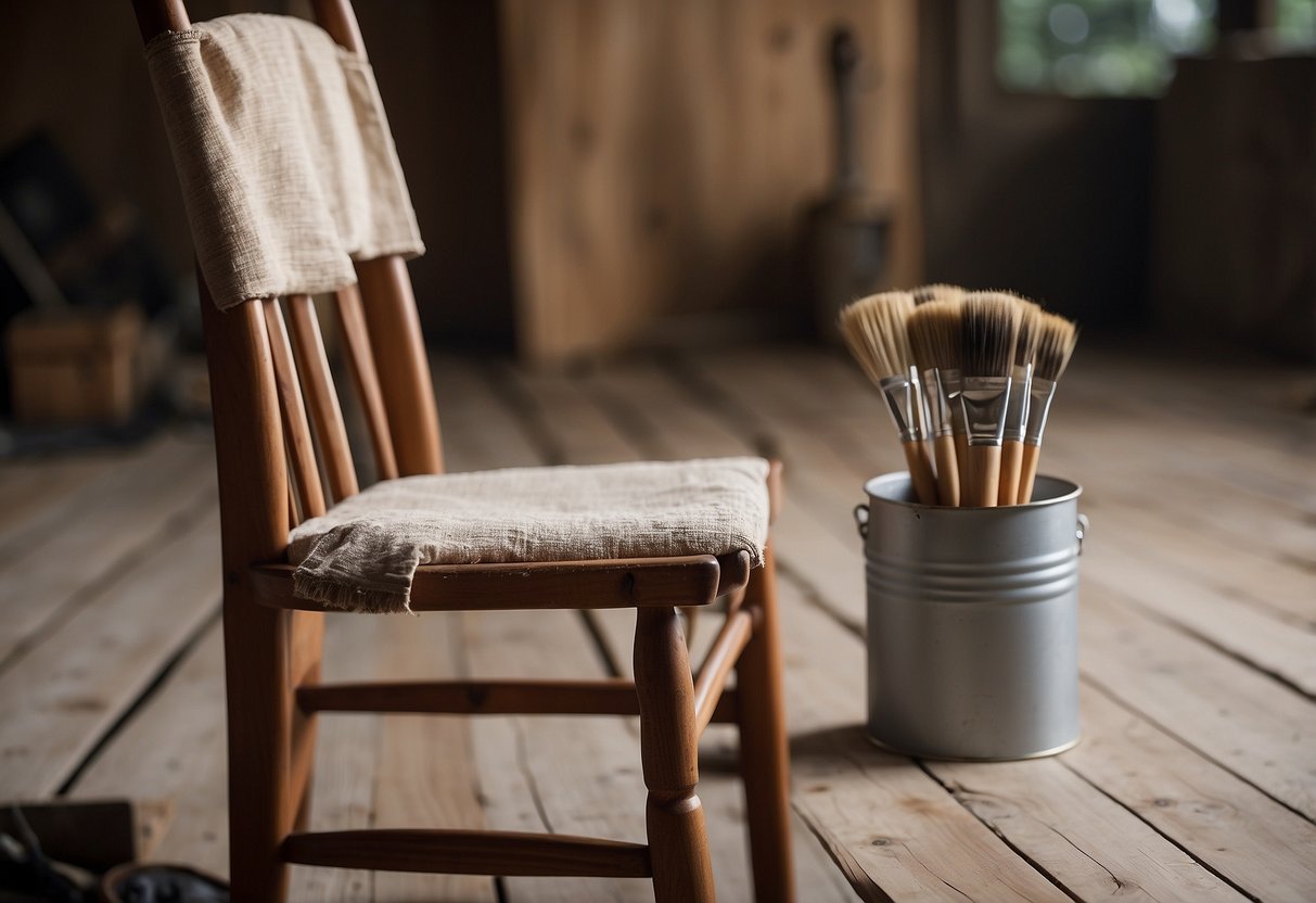 A wooden chair sits on a drop cloth, sanded and wiped clean. A can of primer and paintbrush wait nearby