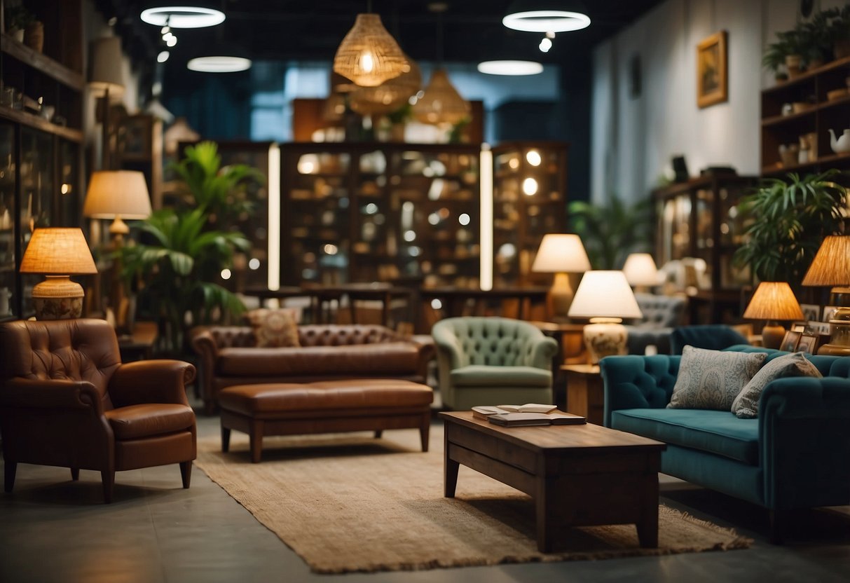 Customers browsing through rows of eclectic furniture, from vintage armchairs to rustic coffee tables, in a cozy used furniture store in Singapore