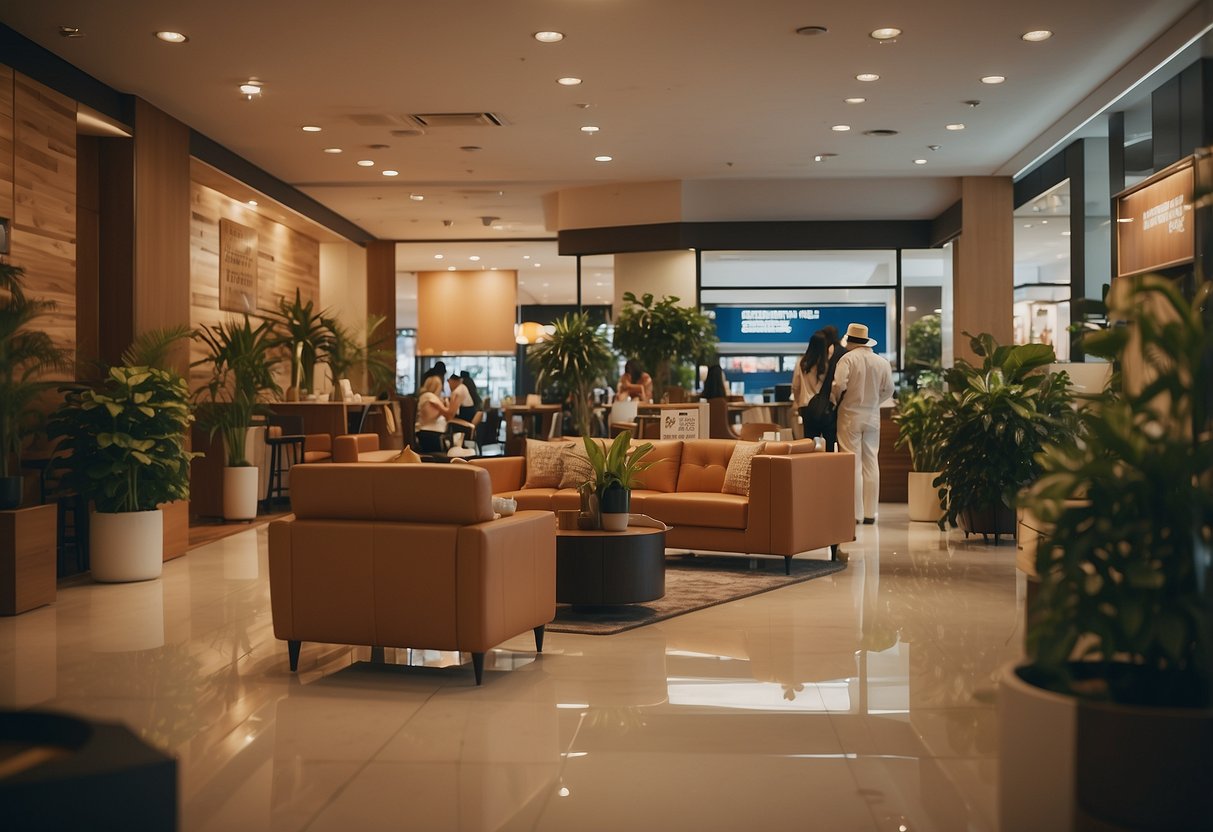 A room with tan furniture, a sign reading "Frequently Asked Questions," and people browsing or waiting in a johor store