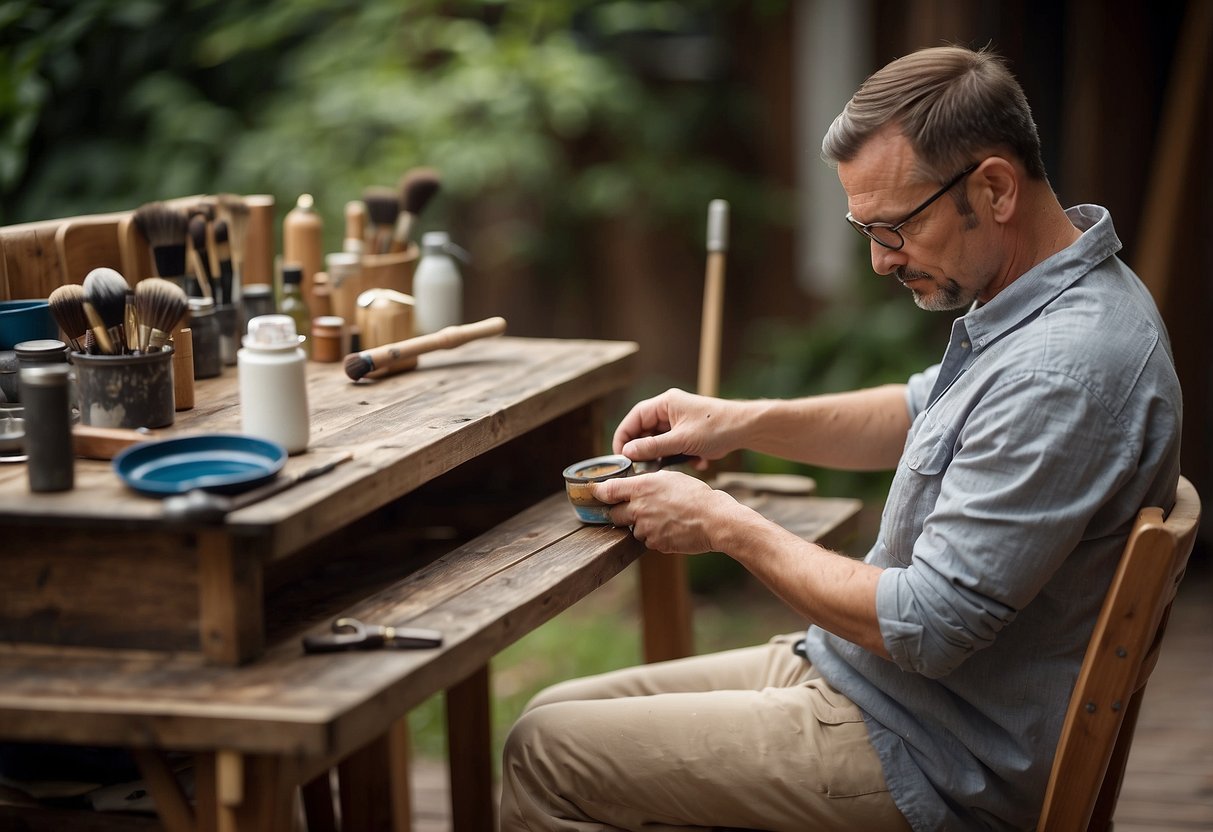A painter applies a fresh coat of paint to a wooden chair, using a brush to carefully cover every surface