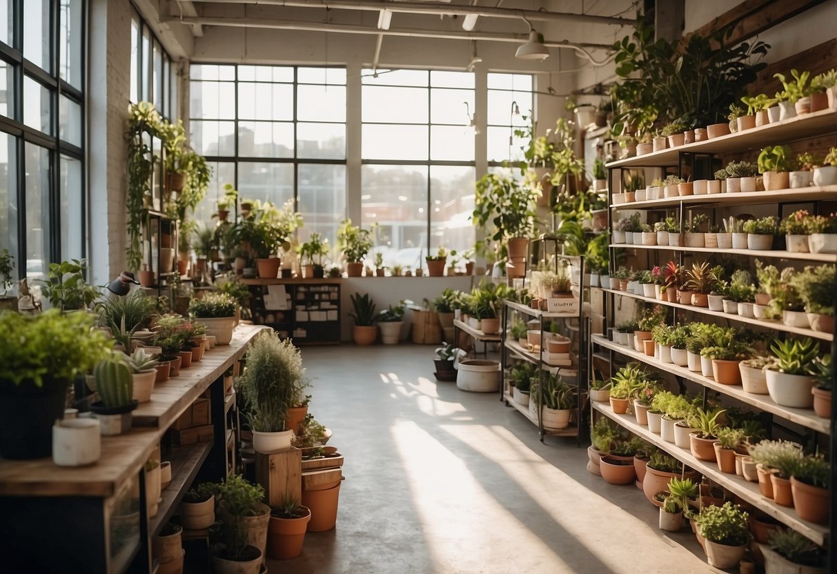 A bright, airy store with shelves of upcycled furniture, potted plants, and eco-friendly decor. Large windows let in natural light, and a sign promotes sustainable choices