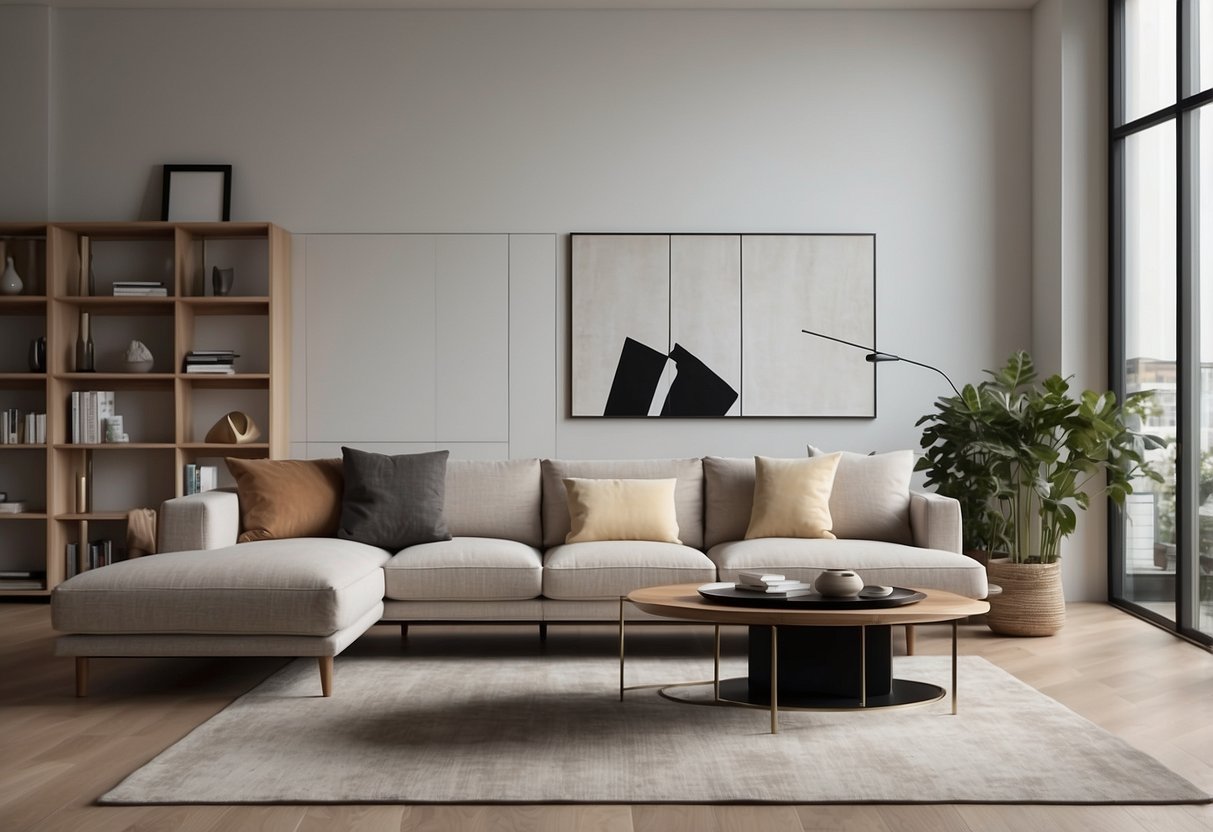 A modern living room with sleek, minimalist furniture and clean lines. A large sofa, a coffee table, and a bookshelf against a white wall