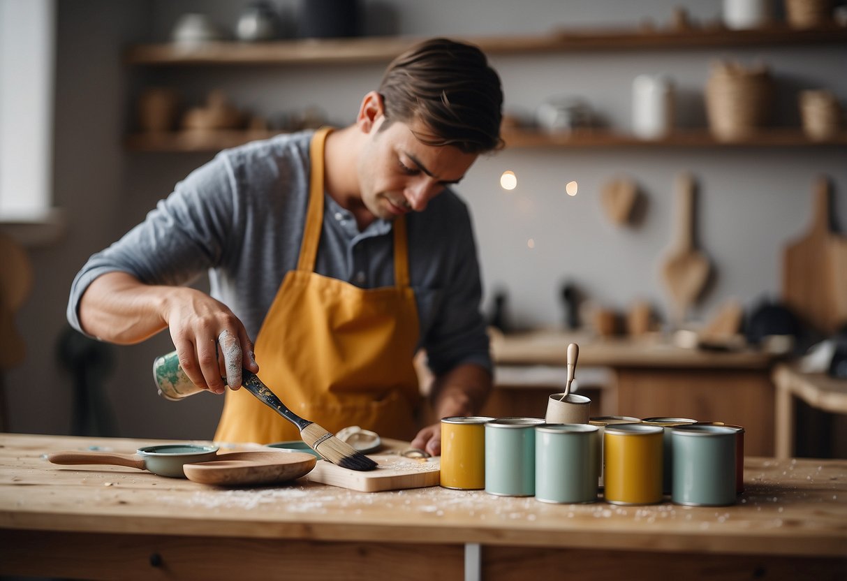 A person painting a wooden furniture piece with a brush, surrounded by paint cans and sandpaper