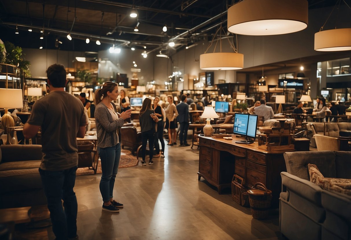 A crowded used furniture store with customers browsing and staff assisting. Signs and displays highlight frequently asked questions about products and services